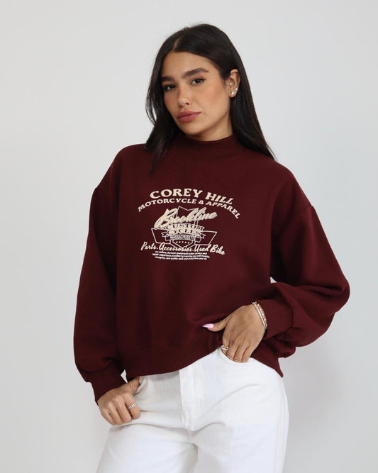 סווטשירט בורדו לנשים עם הדפס וינטג' אמריקאי – COREY HILL