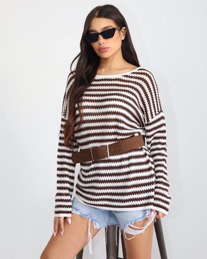 סריג אוברסייז חום לבן לנשים