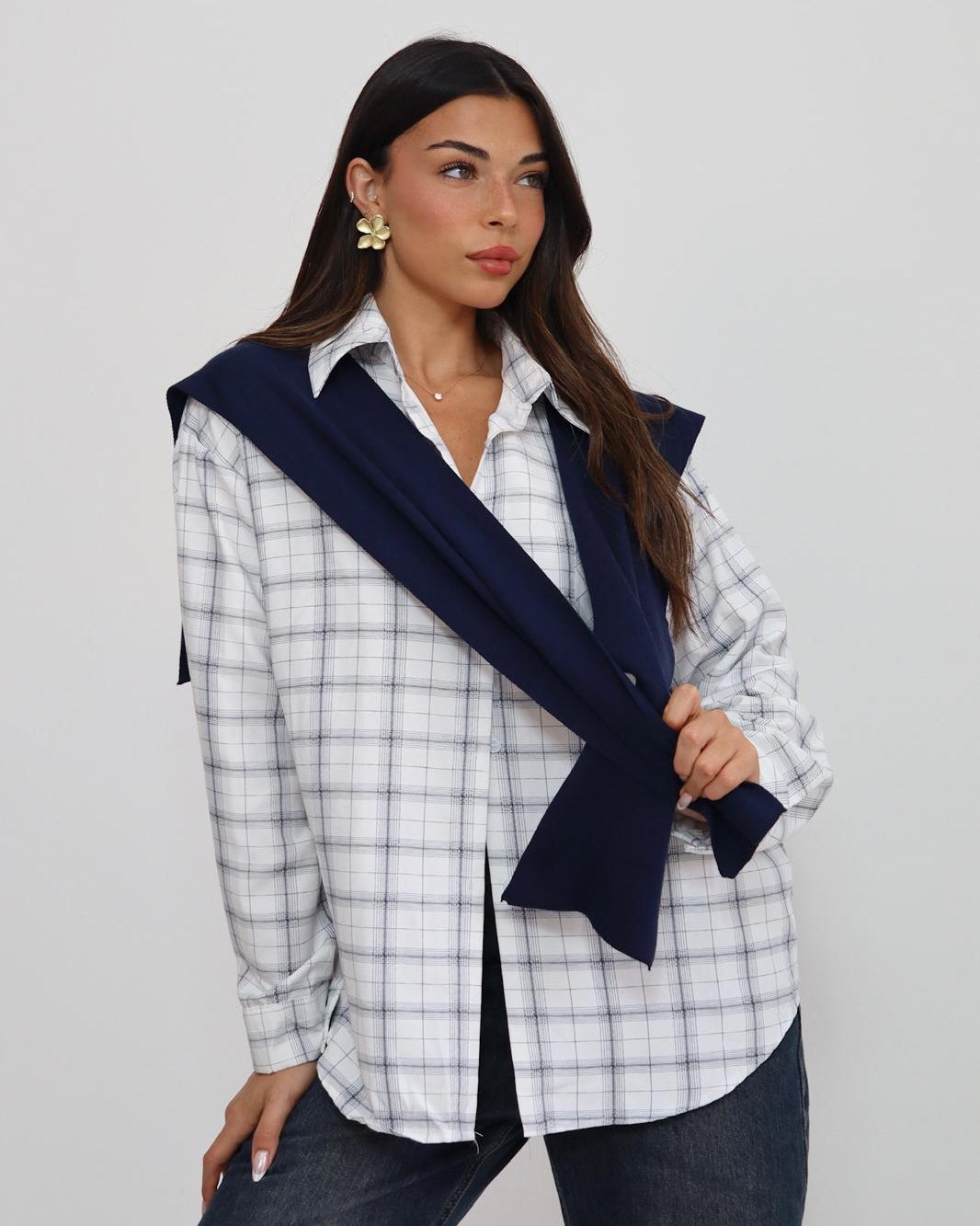 חולצת משבצות לבנה לנשים, חולצת כותנה בגזרה רחבה, חולצת אוברסייז