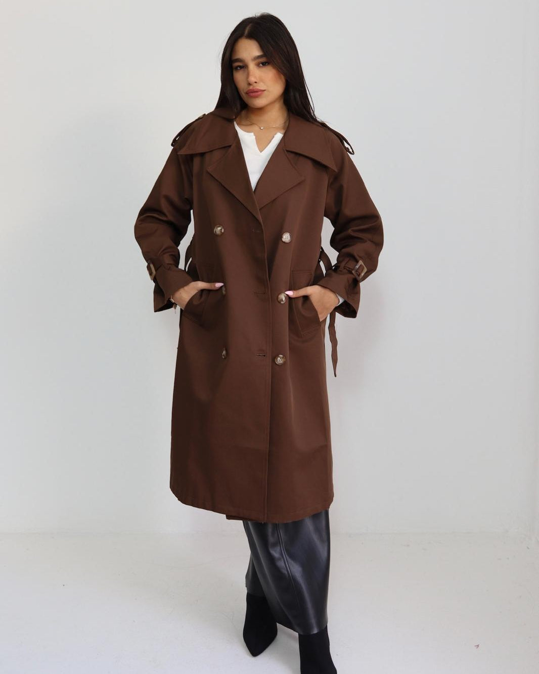 מעיל טרנץ' חום שוקולד לנשים