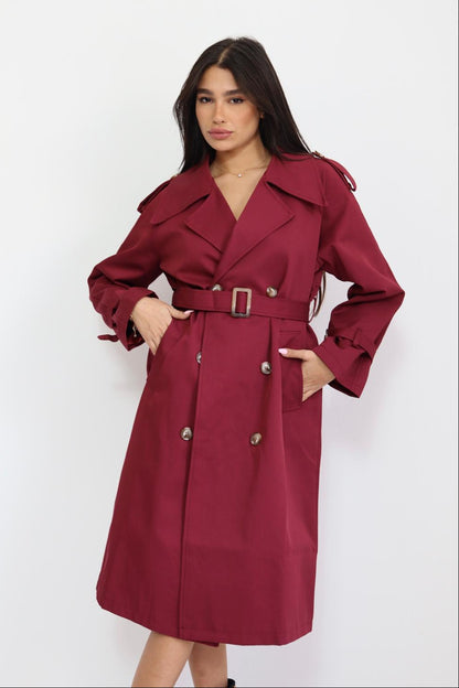מעיל טרנץ' לנשים בצבע בורדו קלאסי